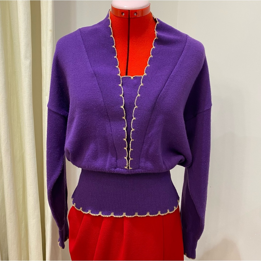 Vintage Sweater, Purple/Gold Trim with Scalloped Edge, Wide Sleeve, Women (US M)